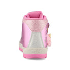 Pink high-top sneaker with a white sole on a white background