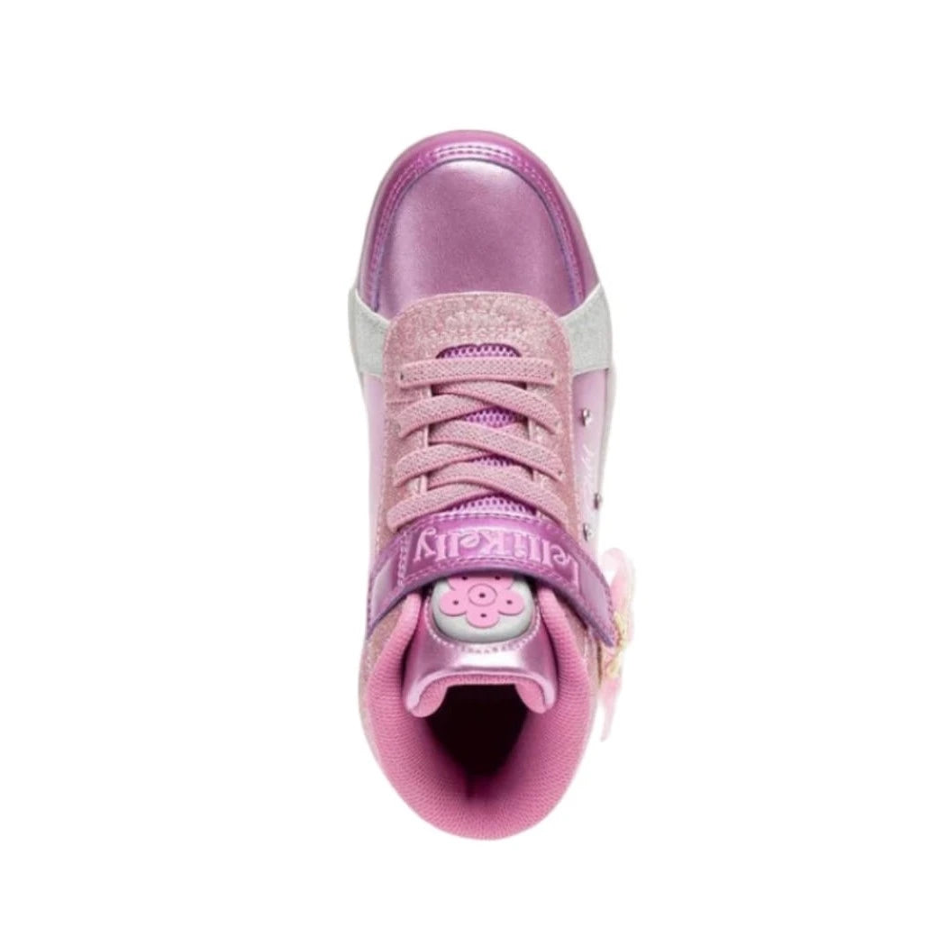 Pink high-top sneaker with a visible brand logo on a white background
