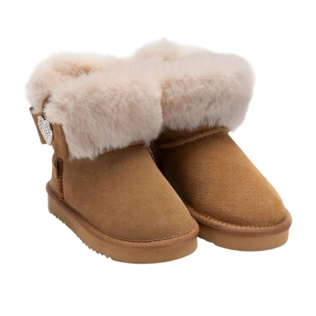 Pair of brown boots with white fur trim on a white background