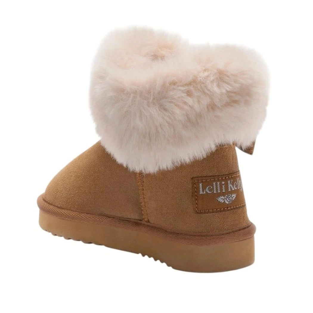 Brown boot with fur cuff and Lelli Kelly logo on a white background