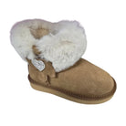 Brown slipper with white fur trim and a heart-shaped buckle on a white background