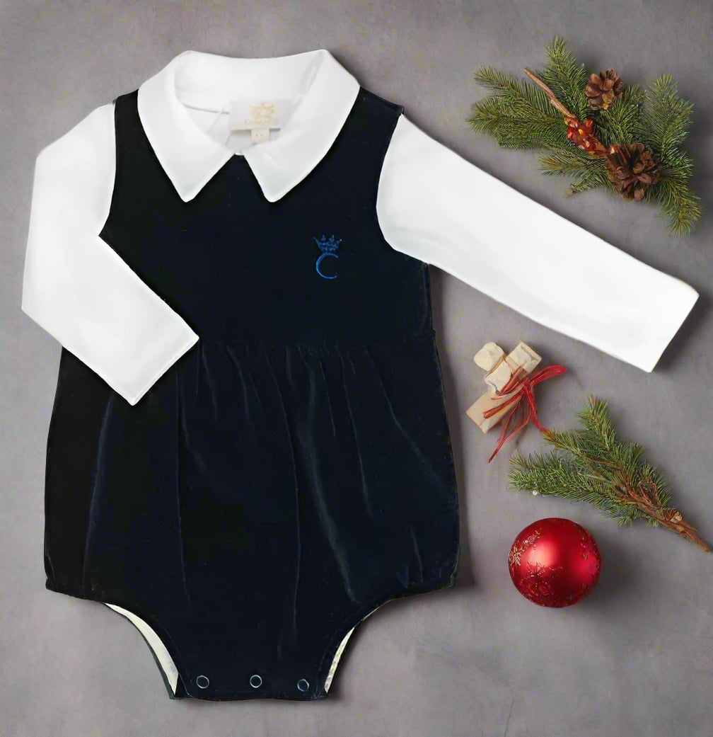 Navy Velour Romper With C Crowne - Tor's Children's Wear
