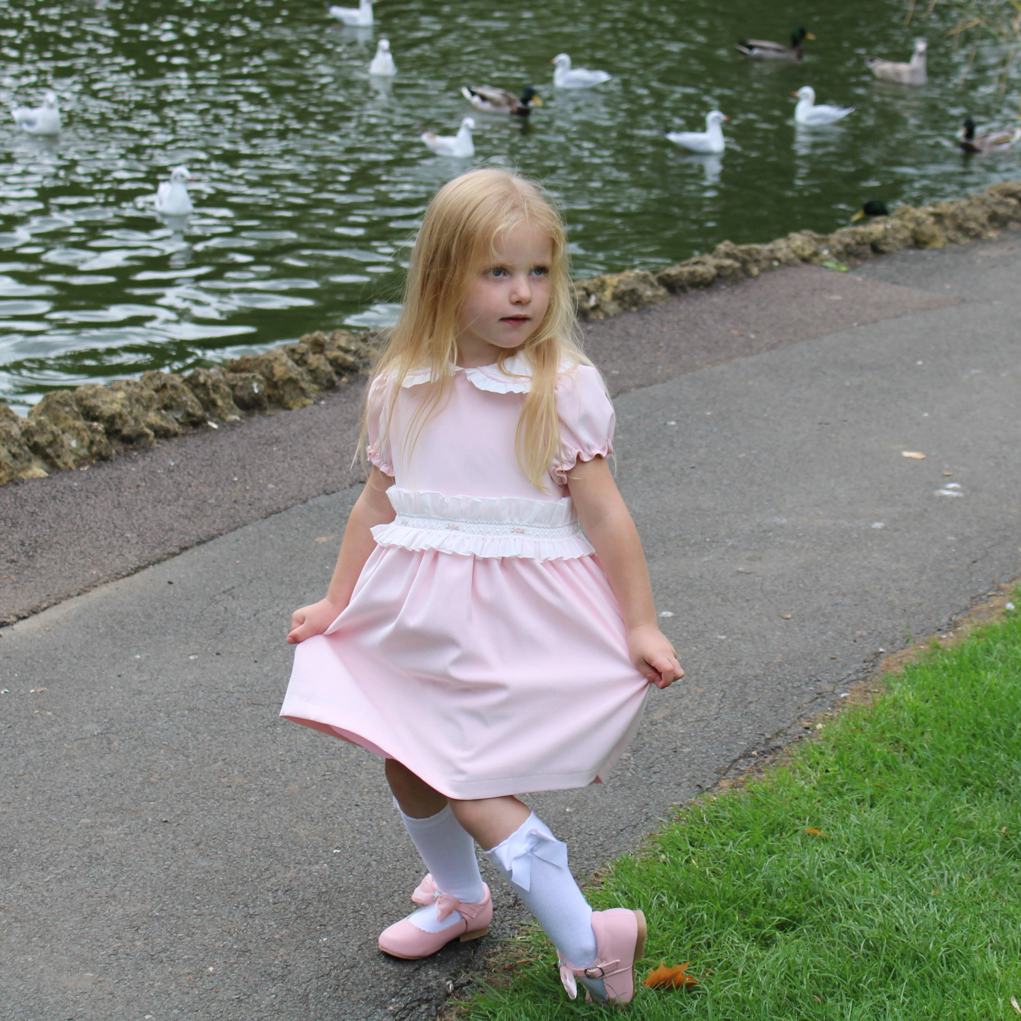 Young girl in a pink dress standing on a path near a pond with ducks.