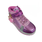 Pink and purple sneaker with glittery accents on a white background