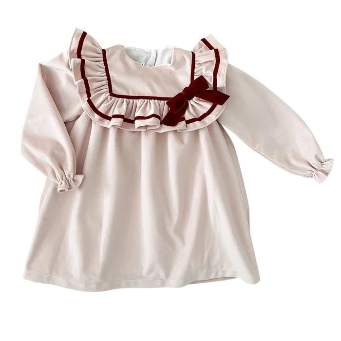 pink velvet dress with Burgundy velvet trim