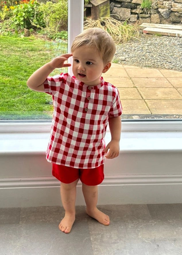 rapife red check grandad shirt and shorts modelled by brand rep angus