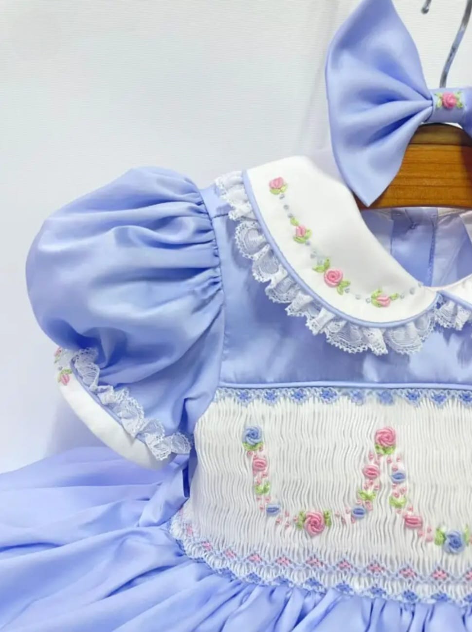 Blue hand Smocked girls dress and bow