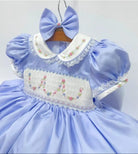 Blue hand Smocked dress and bow for girls