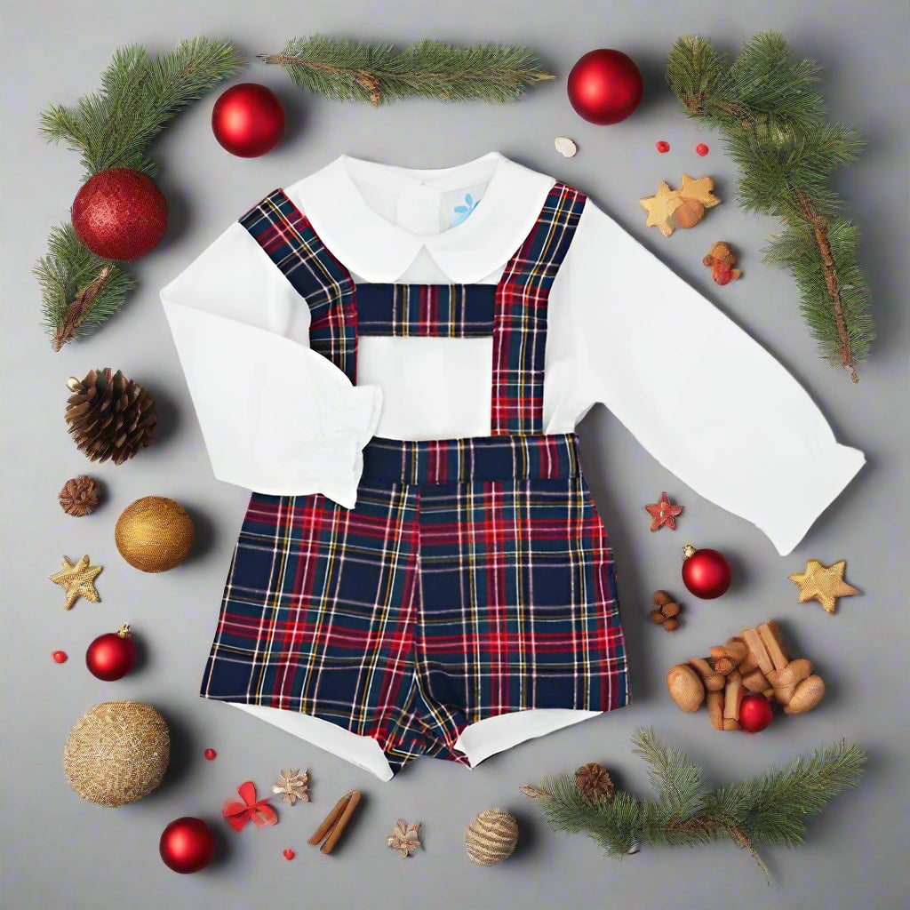 boys tartan dungaree set with white shirt made by sardon