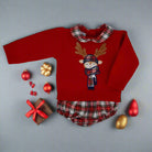 little red reindeer jumper and shorts set with red and white tartan shorts by sardon