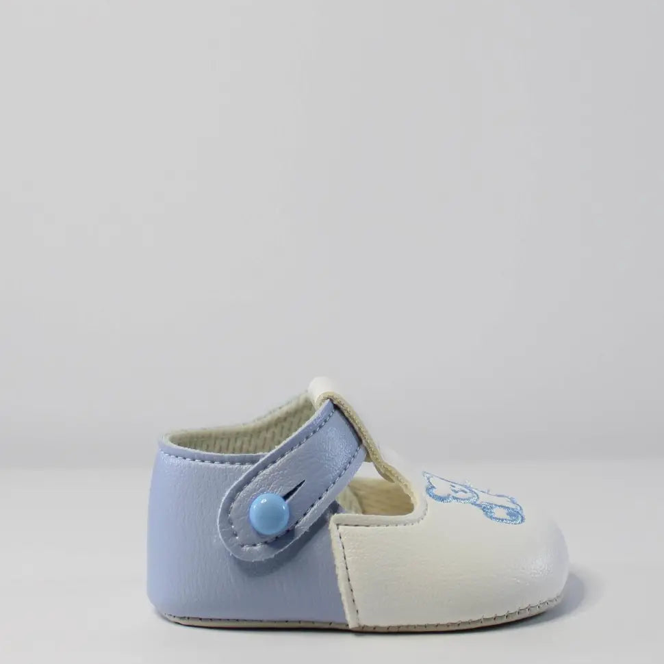 sky and white baypod shoes with teddy motif from tors childrens wear