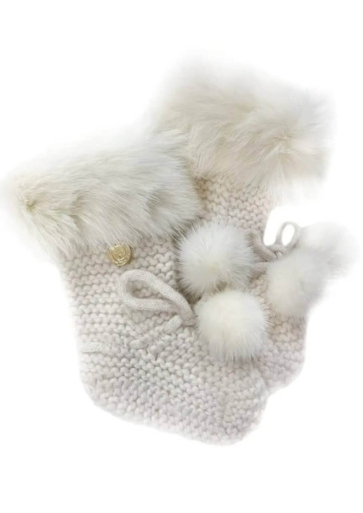 100% Angora hand-knit booties with natural white poms and trim.