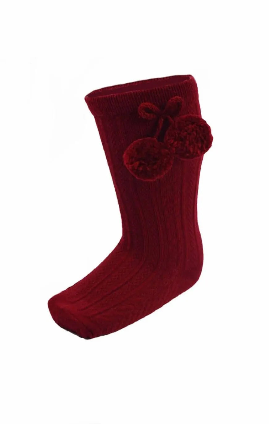 Burgundy Knee High Pom Socks