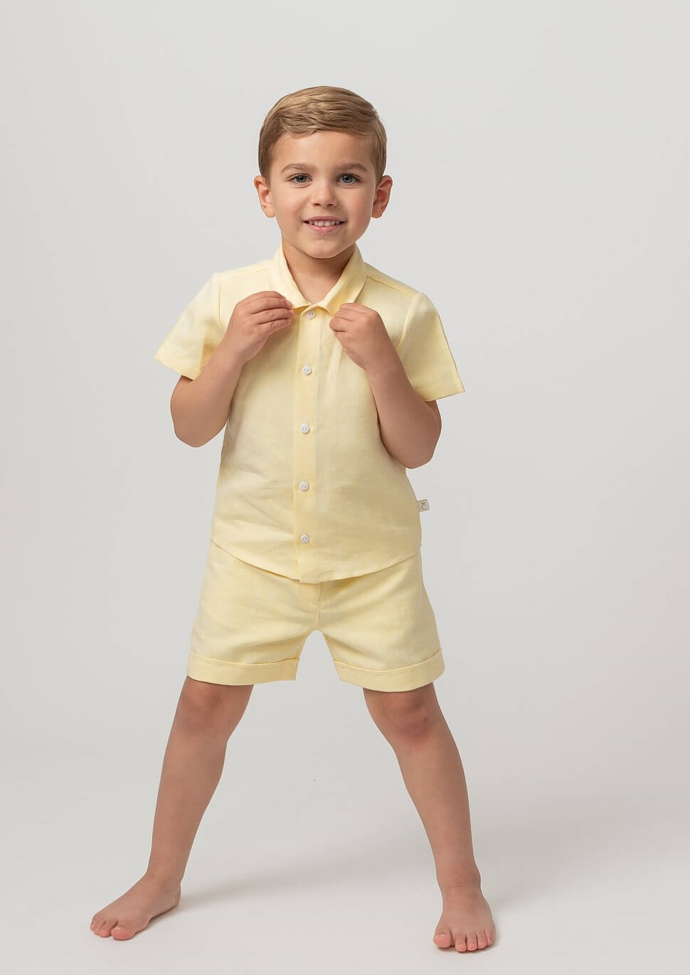 Lemon Linen Shirt & Shorts Set With Hat by caramelo kids