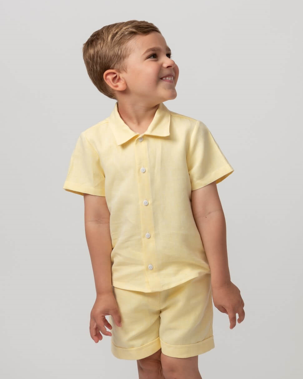 caramelo kids Lemon Linen Shirt & Shorts Set With Hat