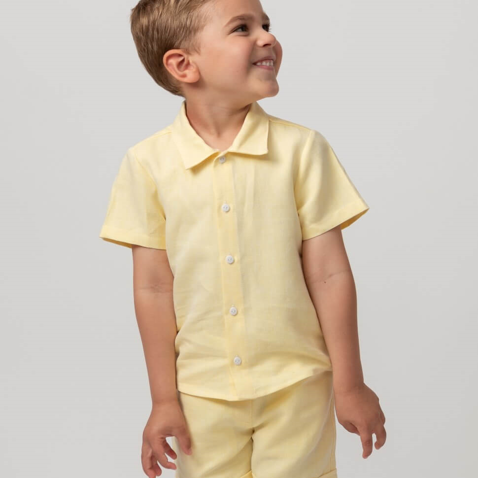 caramelo kids Lemon Linen Shirt & Shorts Set With Hat