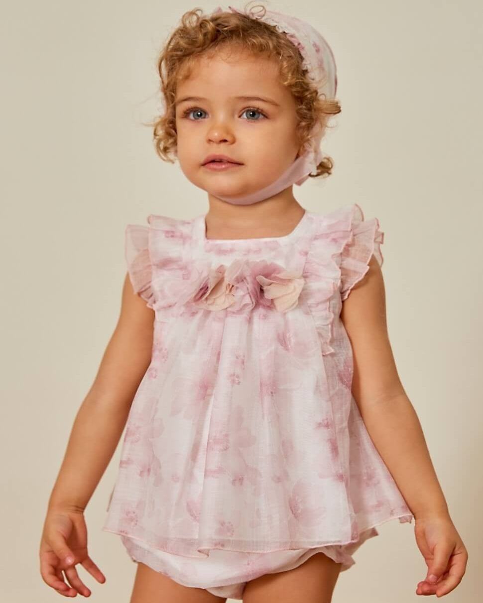 powder pink dress and bloomers set by spanish brand martin aranda available now at tors childrens wear