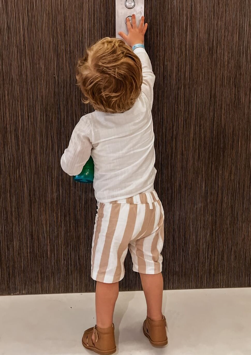 caramelo kids beige candy stripe shorts set modelled by tors childrens wear brand rep archer