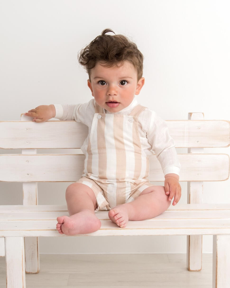 beige candy stripe dungaree set by caramelo kids
