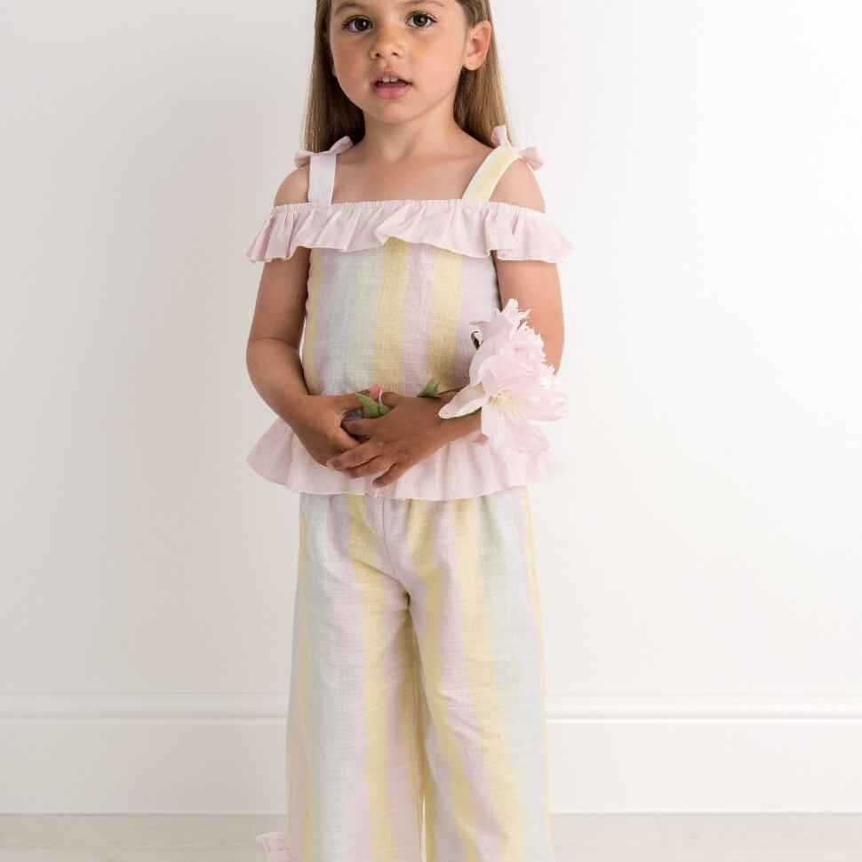 rainbow cold shoulder trousers set for girls by caramelo kids