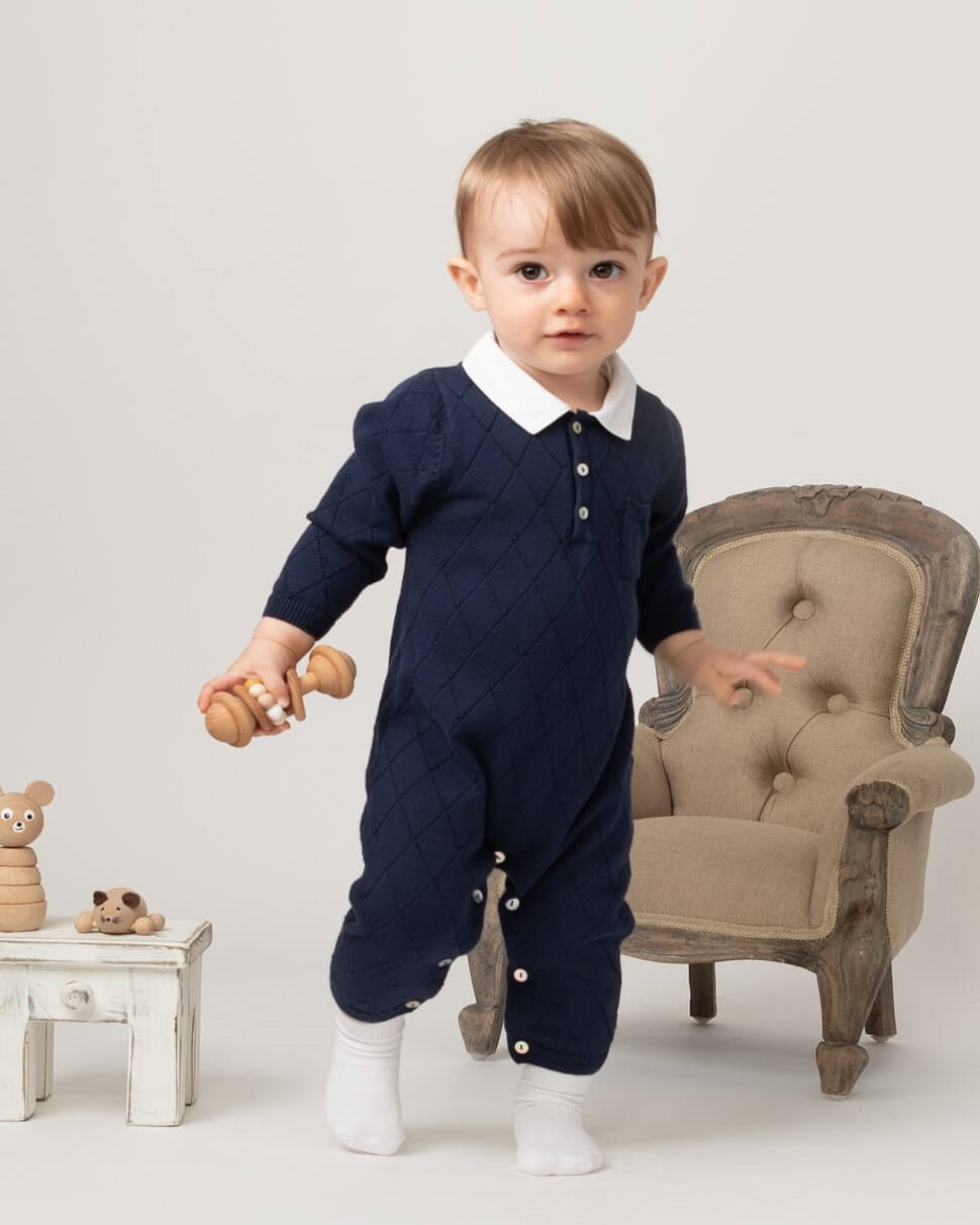 navy diamond knitted baby romper from caramelo kids
