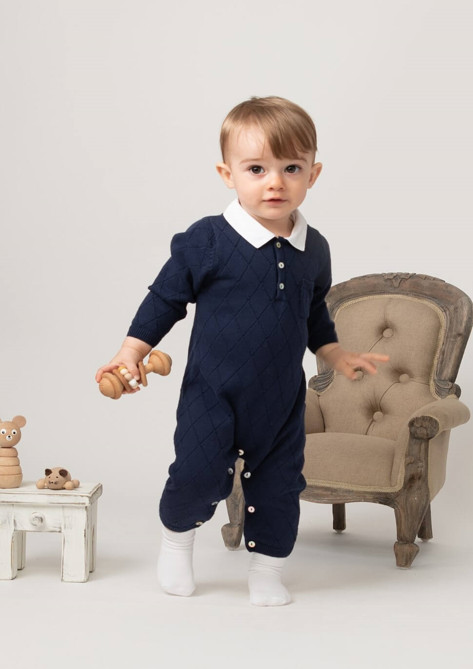 navy diamond knitted baby romper from caramelo kids