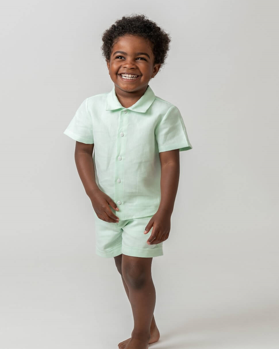 caramelo kids Mint Linen Shirt & Shorts Set With Hat