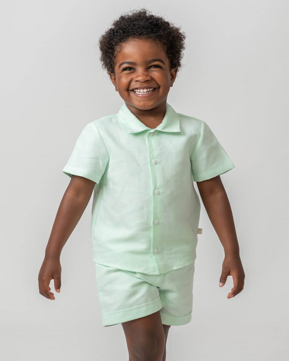Mint Linen Shirt & Shorts Set With Hat by caramelo kids