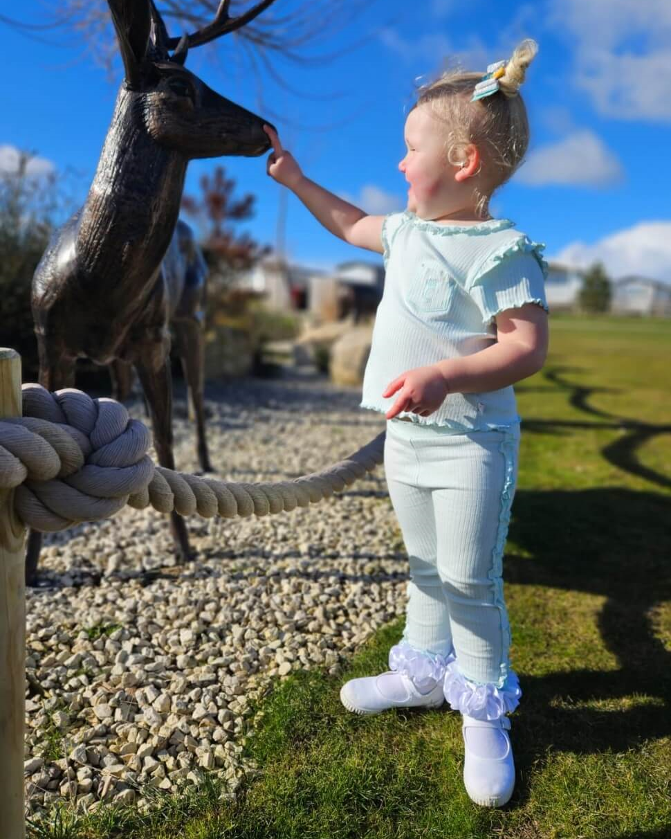 tors childrens wear brand rep Mia modelling Mint Ribbed Frill Legging Set from caramelo kids