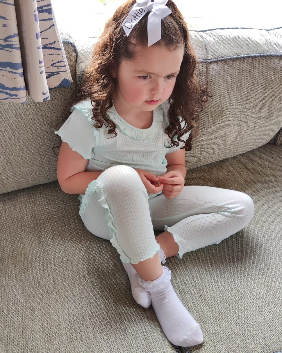 Mint Ribbed Frill Legging Set modelled by tors childrens wear brand rep Dottie