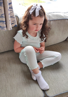 Mint Ribbed Frill Legging Set modelled by tors childrens wear brand rep Dottie