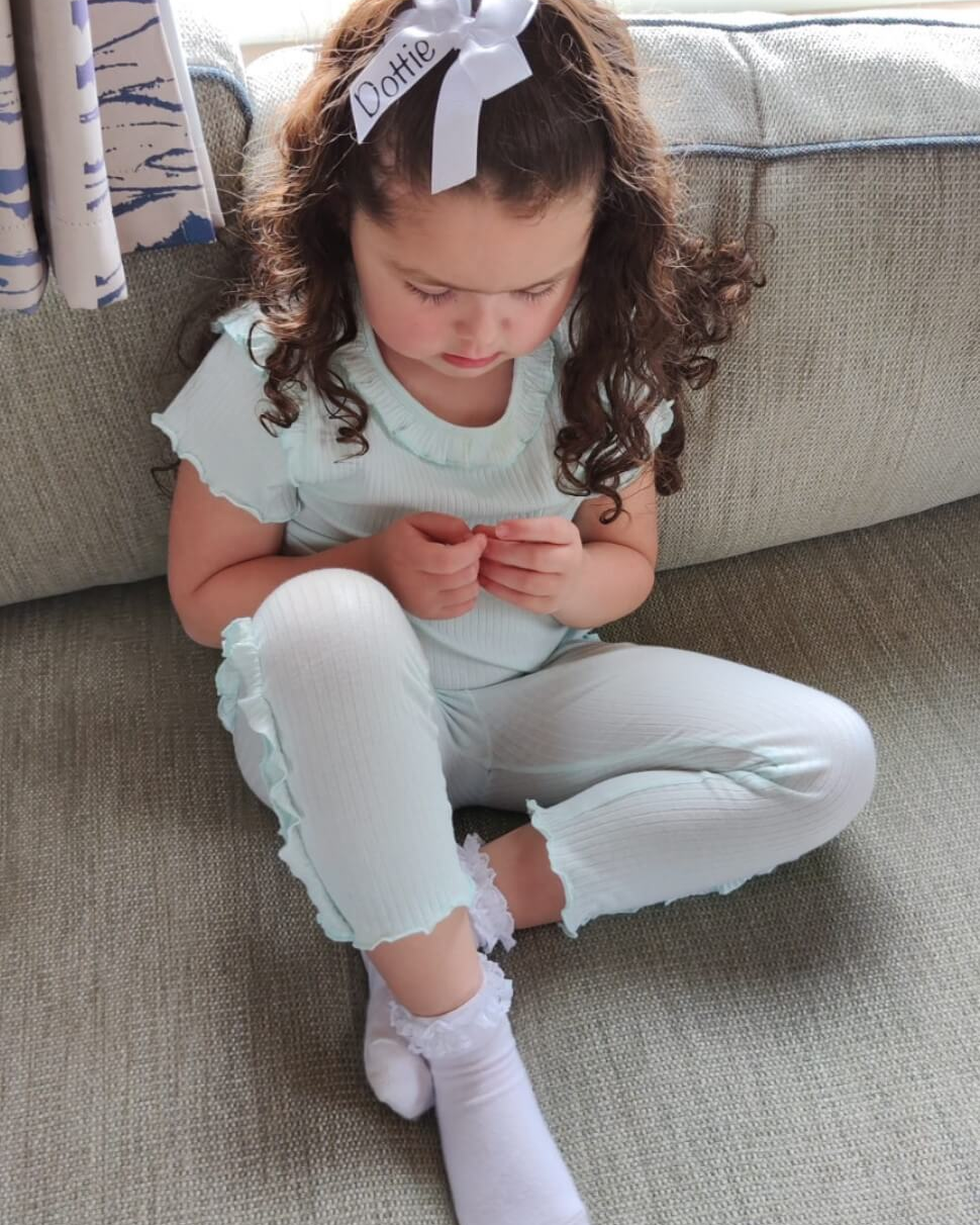 tors childrens wear brand rep dottie modelling Mint Ribbed Frill Legging Set by caramelo kids
