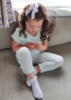 tors childrens wear brand rep dottie modelling Mint Ribbed Frill Legging Set by caramelo kids