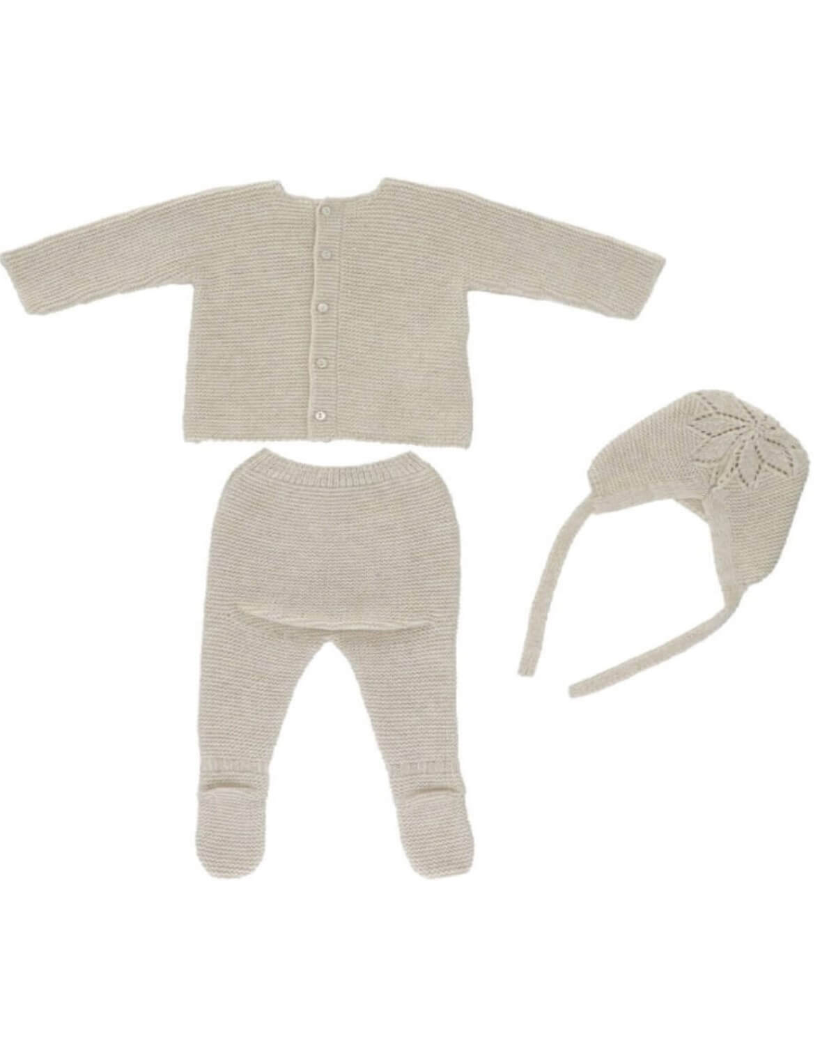 tors childrens wear "Sahara" Beige Knitted Pram Set by spanish brand martin aranda