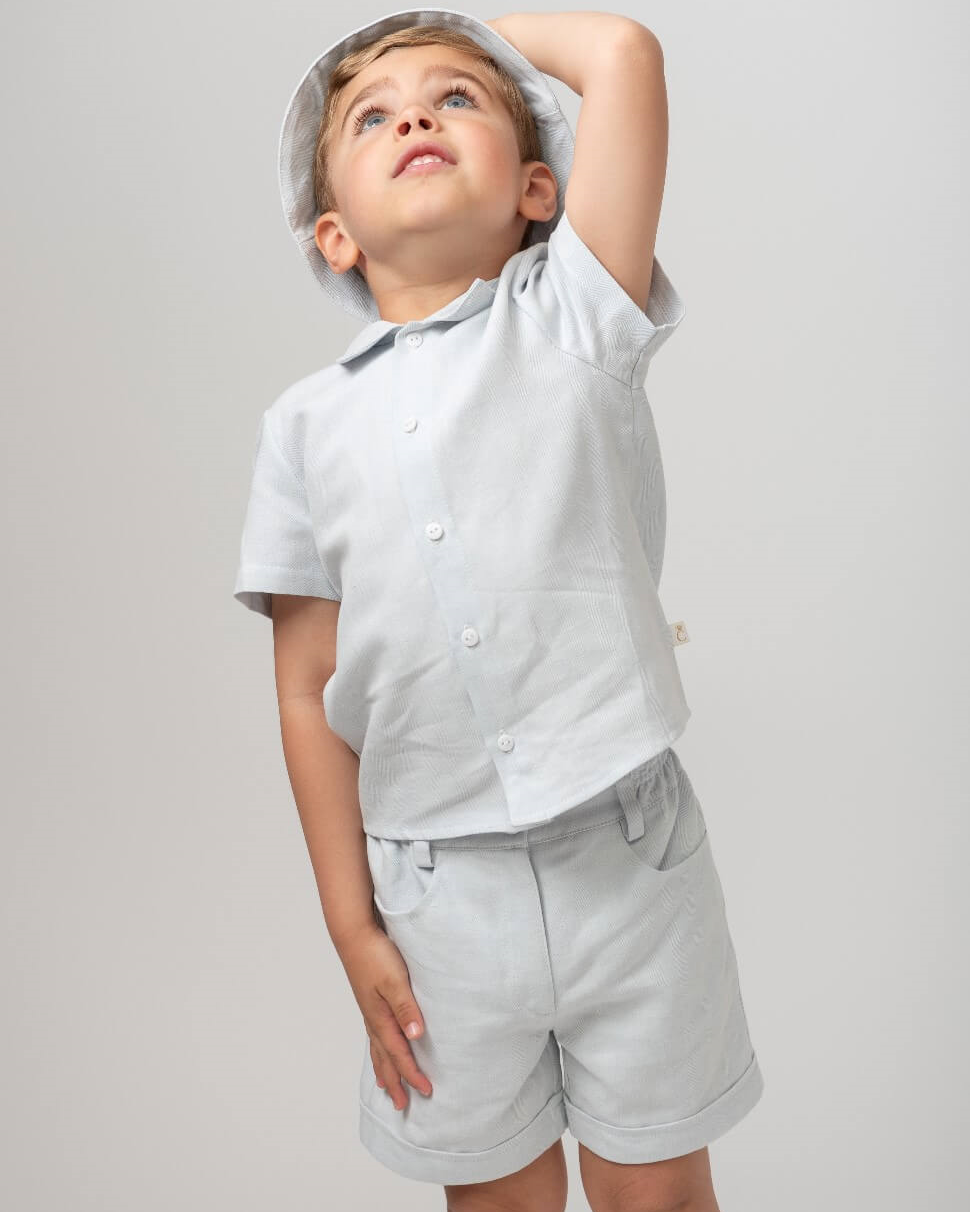 Sky Linen Shirt & Shorts Set With Hat by caramelo kids